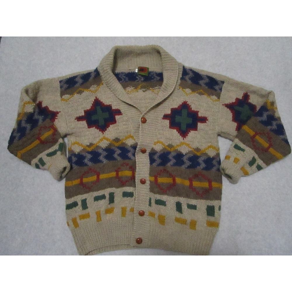 Aztec Cardigan Sweater Mens Large Beige Southwest Wool Blend Boston Traders
